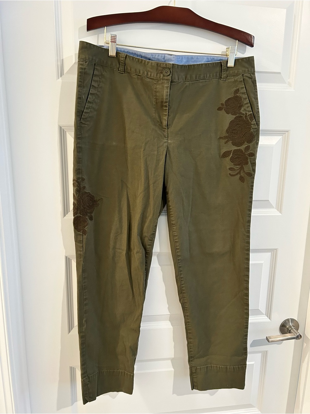 Talbots Weekend Chino Embroidered Pants Khaki Green Size 14